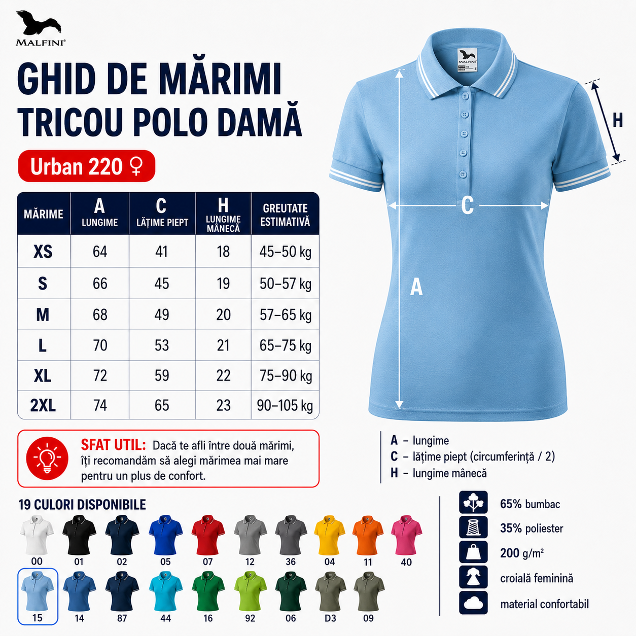 Ghid mărimi tricou polo damă cu dungi la guler, mărimi XS, S, M, L, XL și 2XL